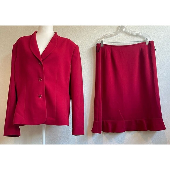 Le‎ Suit Womens Blazer Skirt Set 18 Deep Red 3 button Career Office Formal - Picture 1 of 12